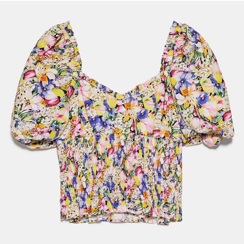 Zara Smocked Puff Sleeve Floral Crop Top